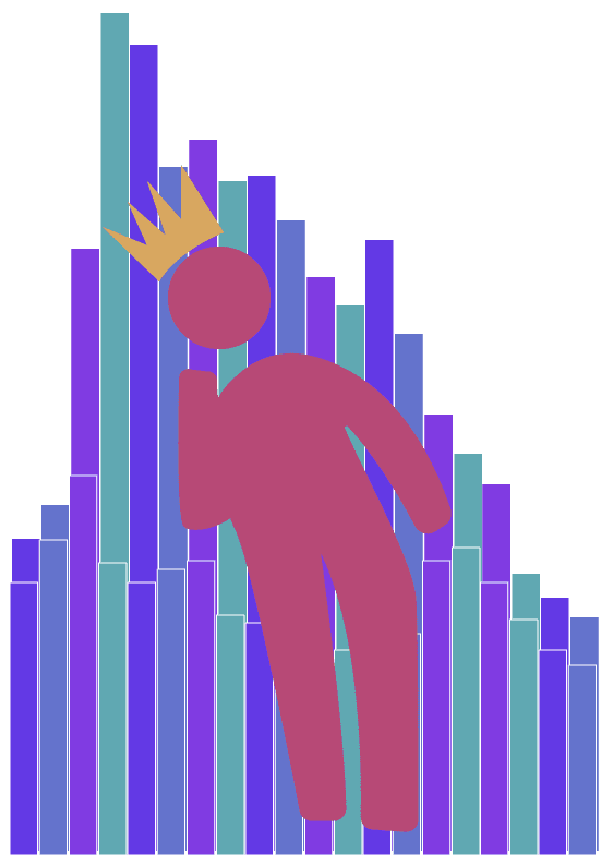 Illustration of person with crown sitting on top of jetons.